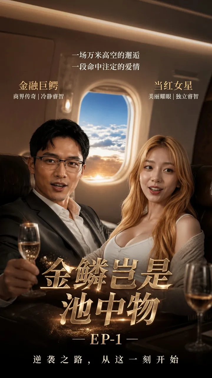 飞机客舱里男女主角对举香槟的短剧画面